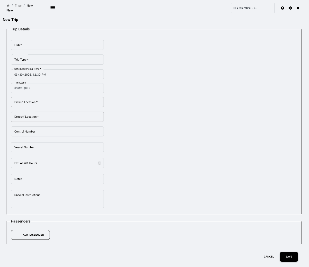 New Trip creation form with Trip Details and Passengers sections