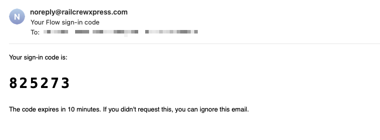 Email from noreply@railcrewxpress.com containing a 6-digit sign-in code