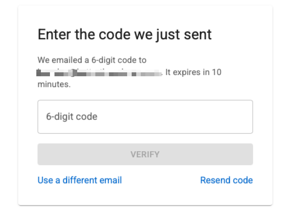 Enter the code we just sent screen with a 6-digit code field and Verify button